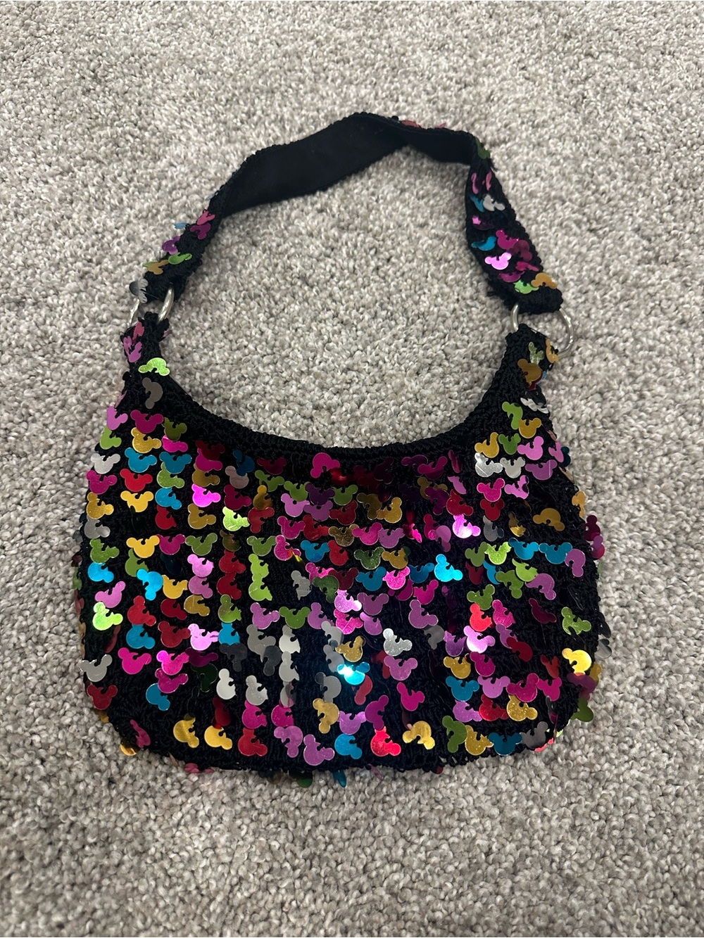 Black Sequin Mini Shoulder Bag with Multicolor Mickey-Style Sequins
